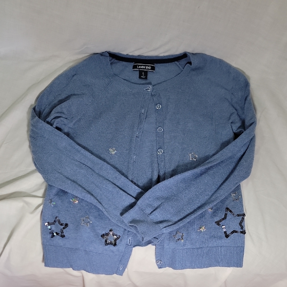 Lands' End Blue Cardigan Sweater Soft Cotton Blend